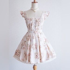 NWT RARE Liz Lisa Floral Dress Peach Beige Frills Lace Ribbon A-line Pleats sz 0